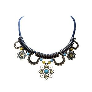 Isabel Statement Necklace Blue Boho Tribal‎ Geometric Floral Beaded